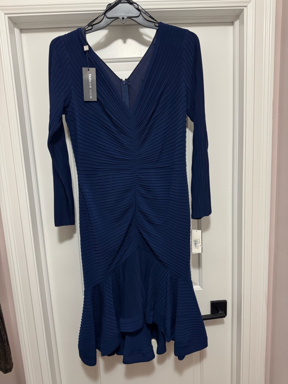 Tadashi Shoji Navy Long-Sleeve Pleated V-Neck Dress